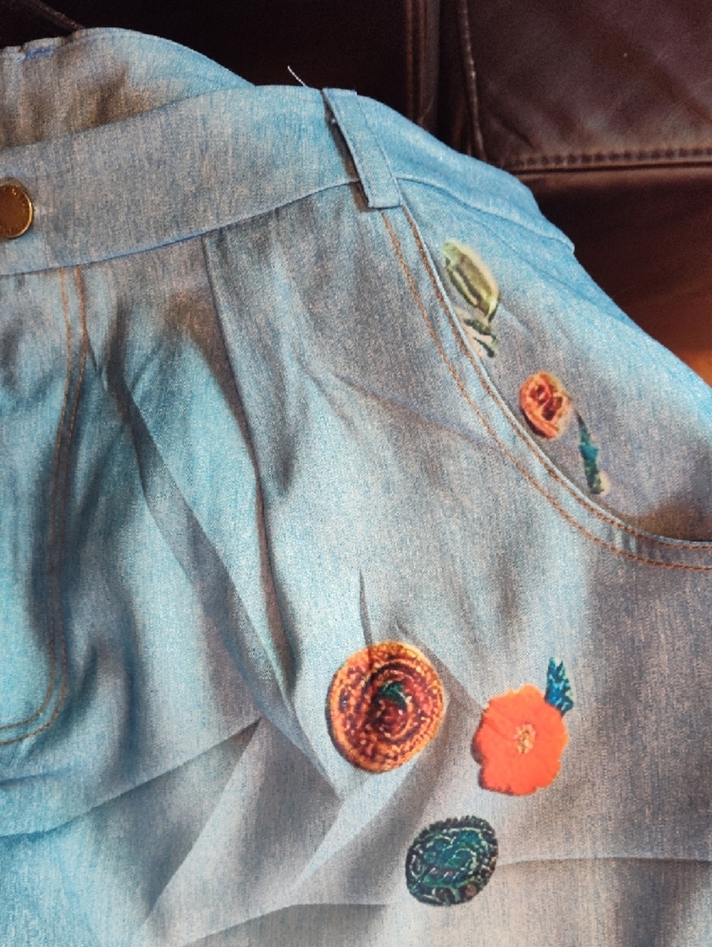 Boho Embroidered  Light Wash Wide-Leg Pants w / Fringe Jean (Material Not Jean ) - Picture 7 of 10